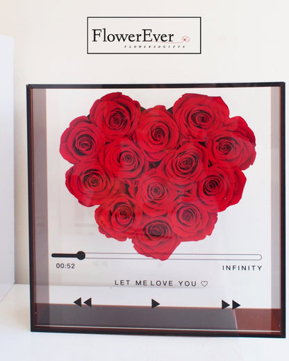 Preserved Real Rose Luxury Heart Box, Music Player Design w. 13 Preserved Roses