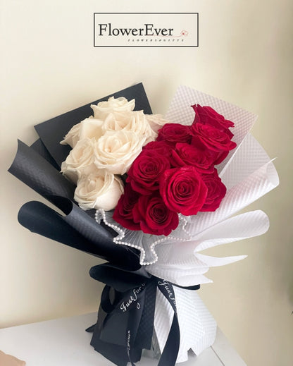 Chic Red and White Rose Bouquet Presented in Black and White Paper