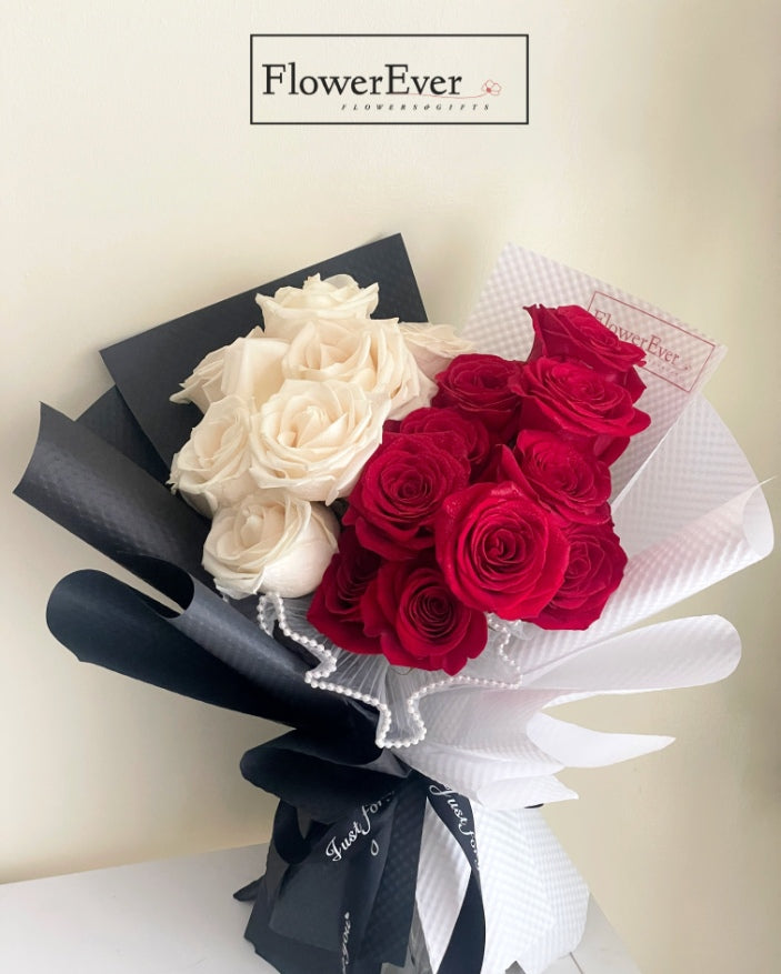 Elegant Bouquet of 24 Red and White Roses in Monochrome Packaging