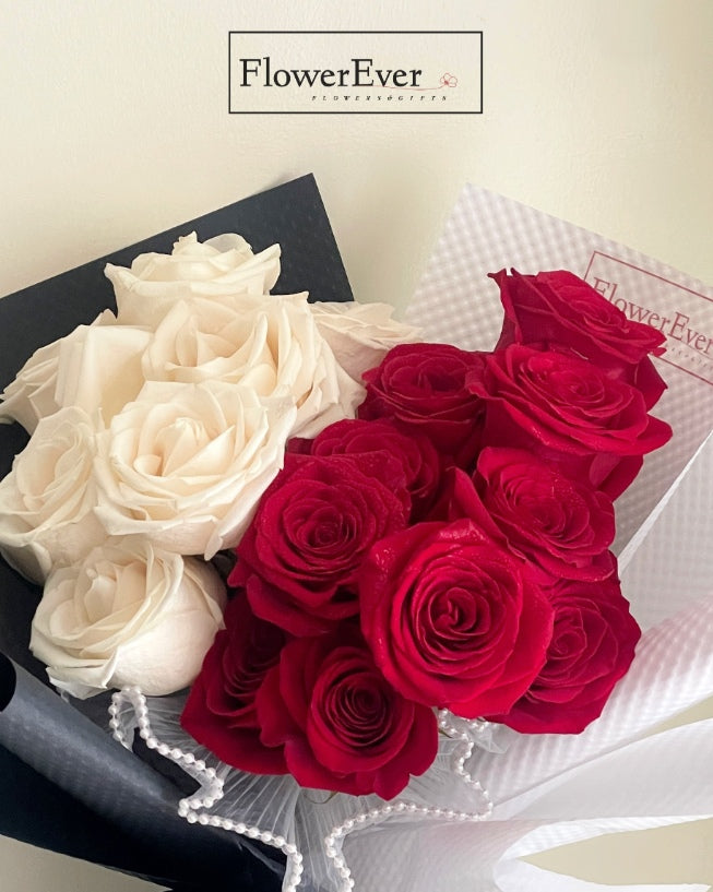 Vibrant Red and White Rose Bouquet in Stylish Black and White Wrapping | 24 Stems