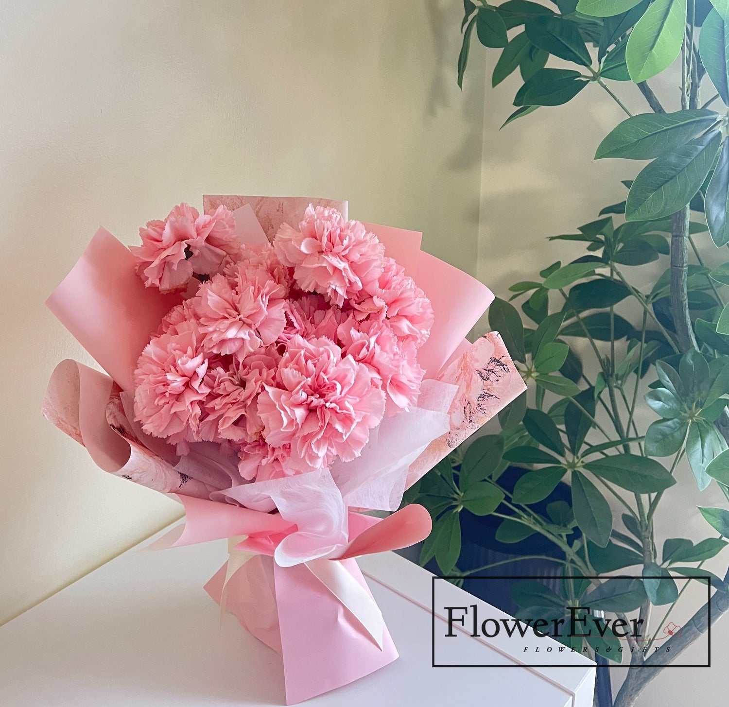 Pink Bloom Carnations Bouquet in Pink Floral Paper｜Perfect for Mom