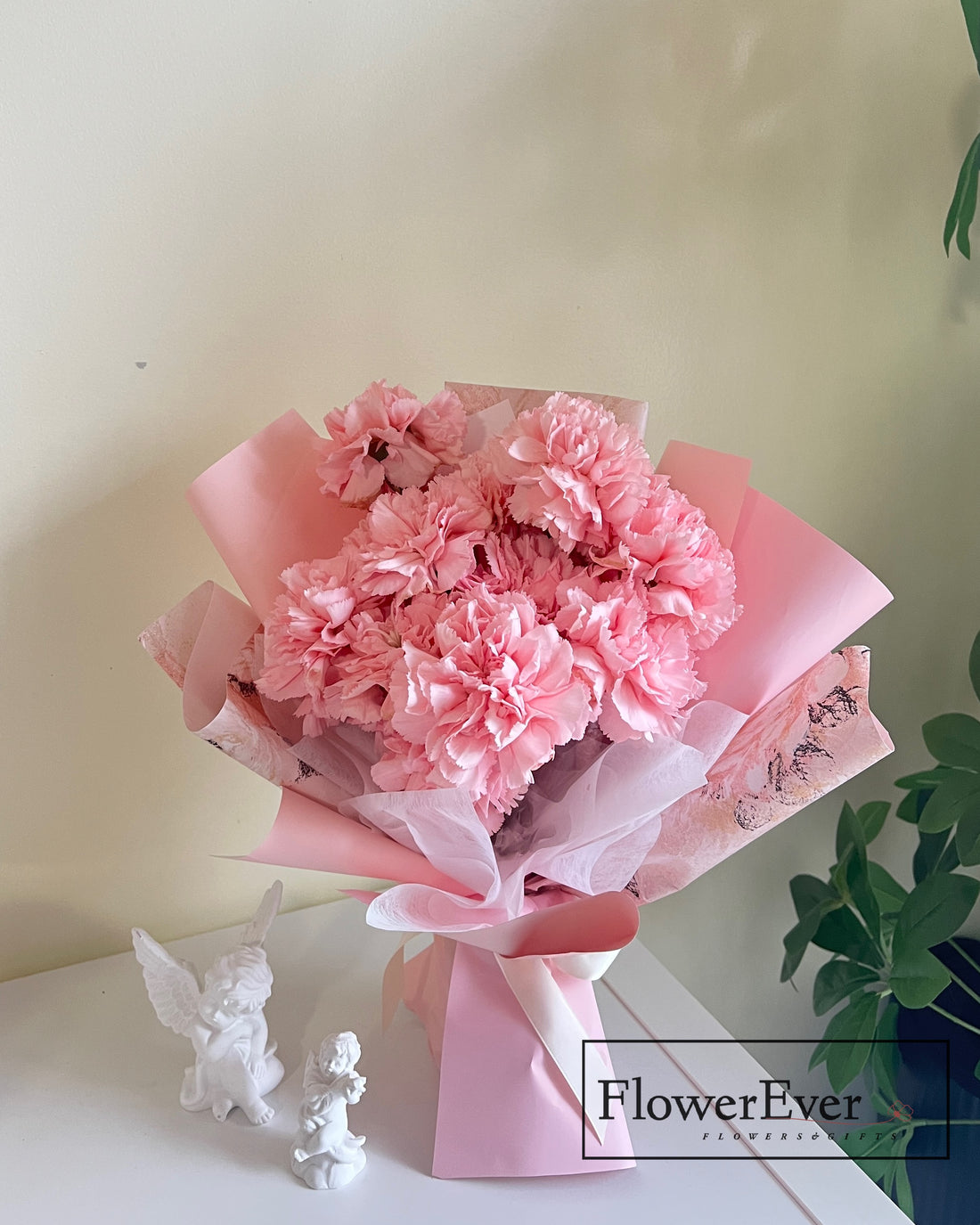 Pink Bloom Carnations Bouquet in Pink Floral Paper｜Perfect for Mom