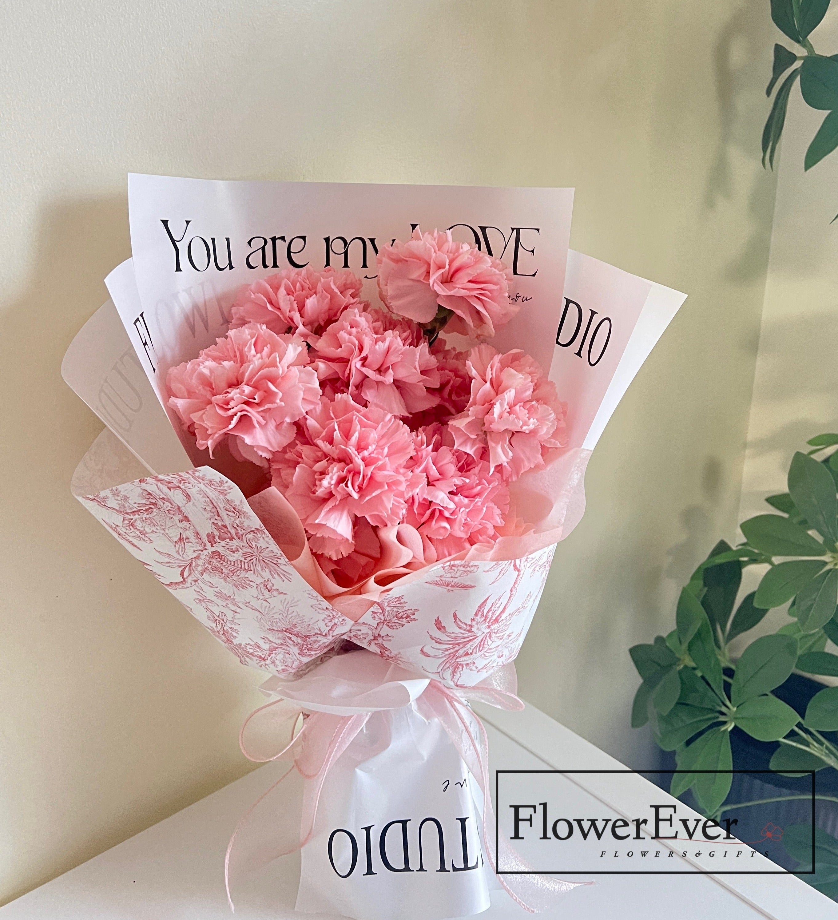 Pink Bloom Carnations Bouquet in White Floral Paper｜Perfect for Mom