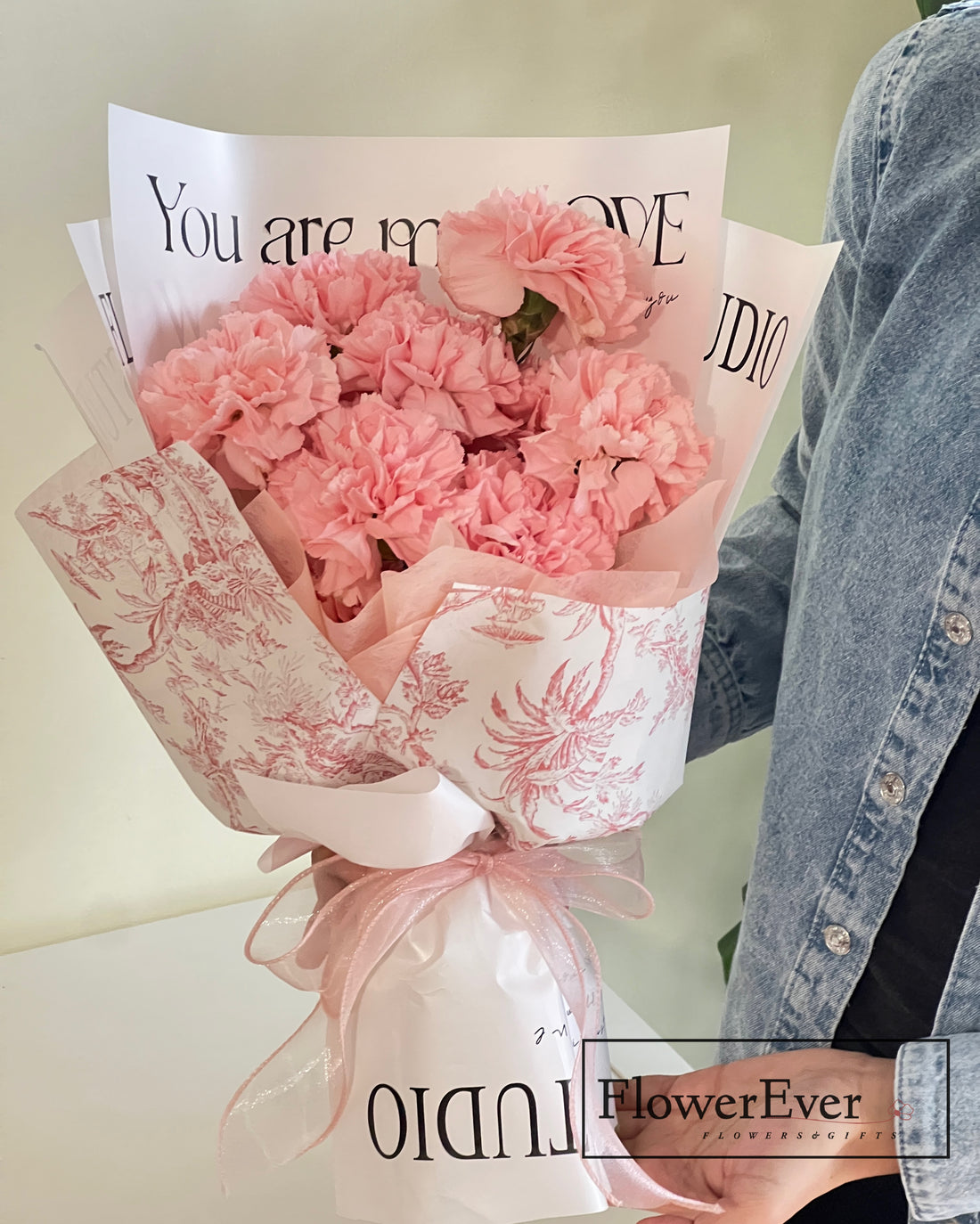 Pink Bloom Carnations Bouquet in White Floral Paper｜Perfect for Mom