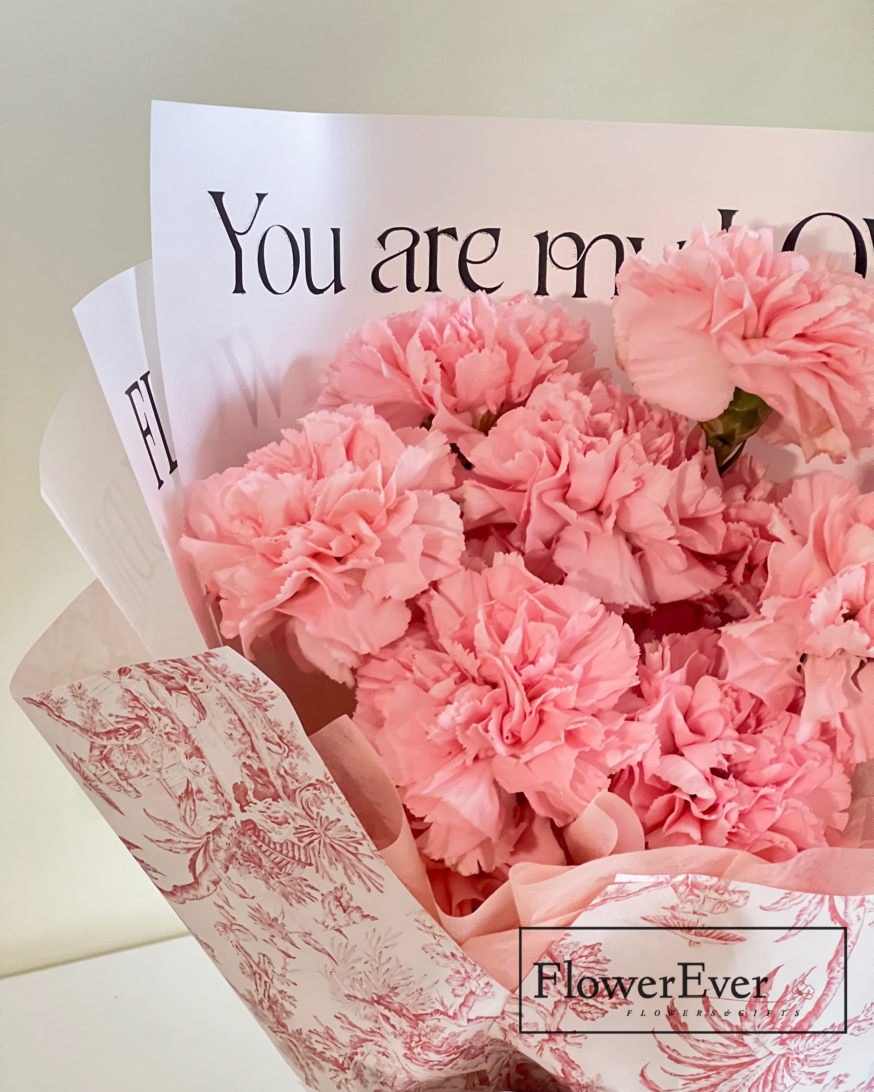 Pink Bloom Carnations Bouquet in White Floral Paper｜Perfect for Mom