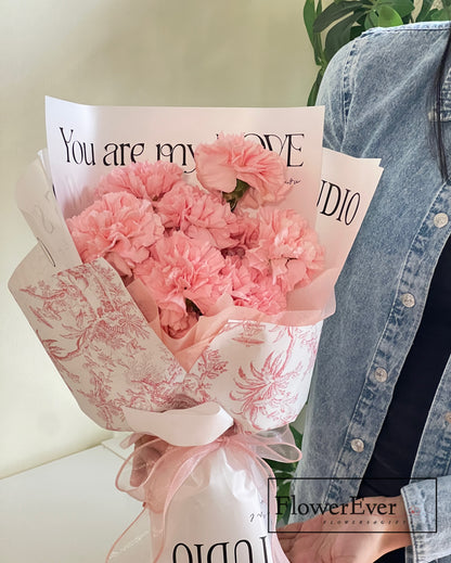 Pink Bloom Carnations Bouquet in White Floral Paper｜Perfect for Mom