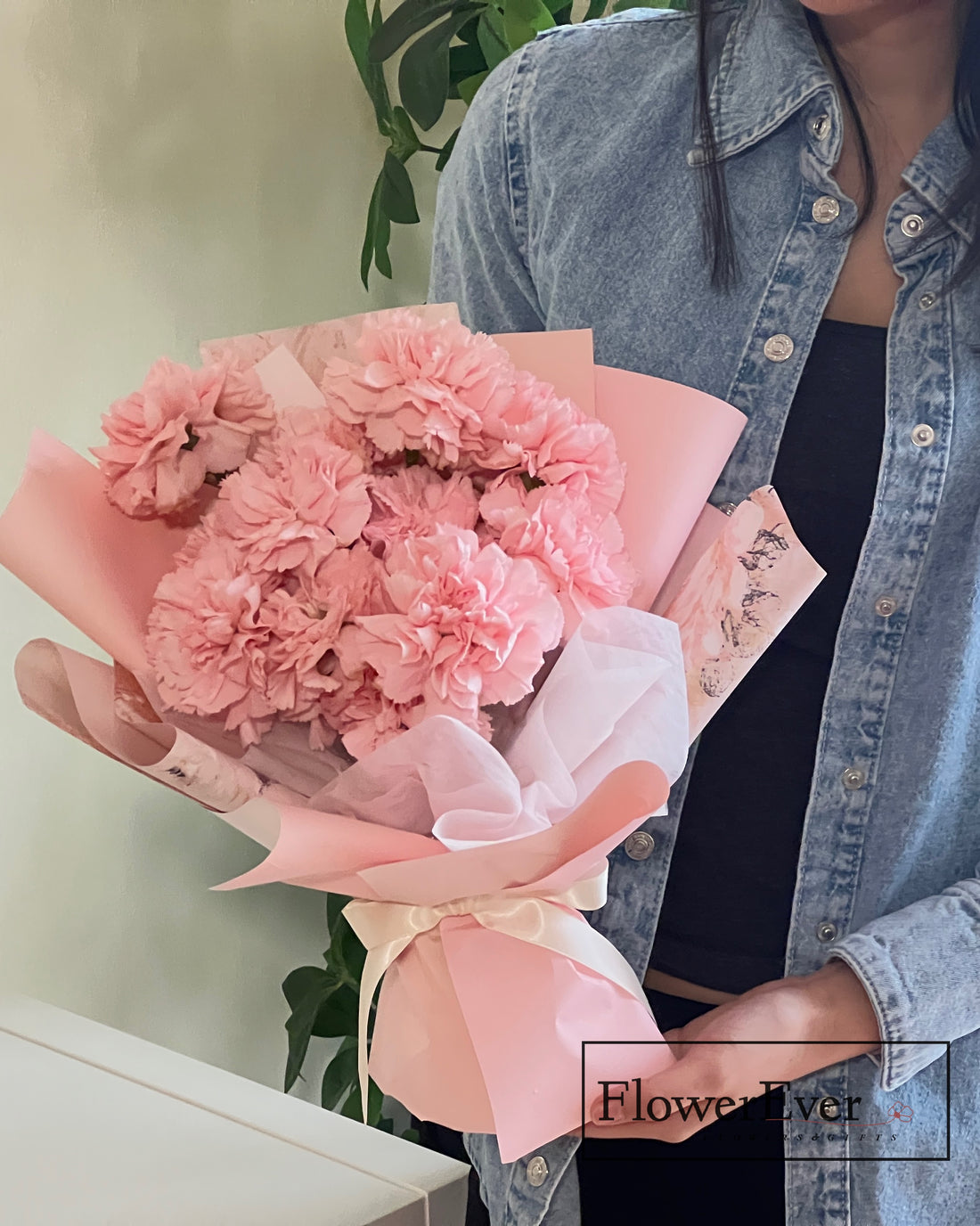 Pink Bloom Carnations Bouquet in Pink Floral Paper｜Perfect for Mom