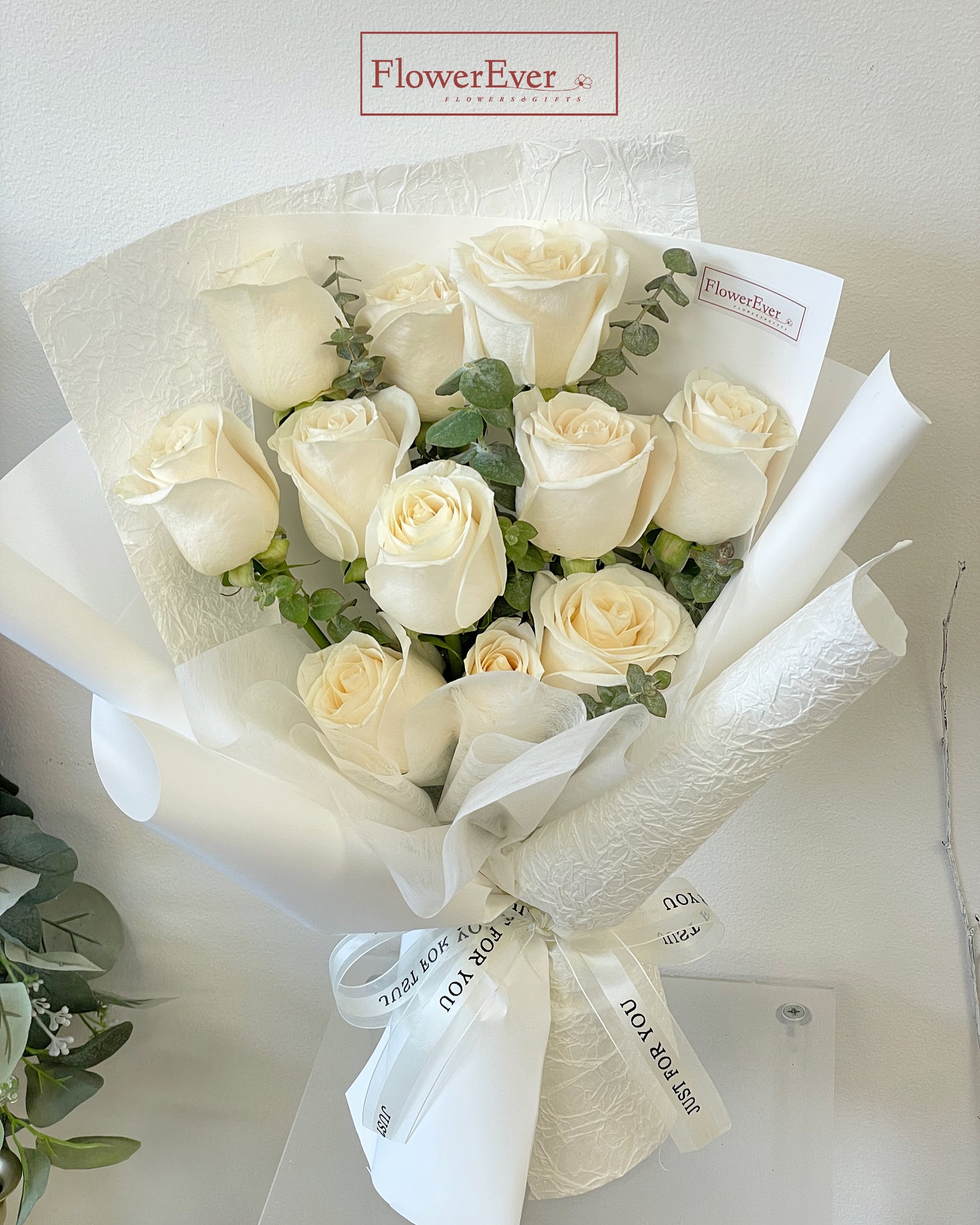 White Rose Bouquet in White Paper w. Eucalyptus