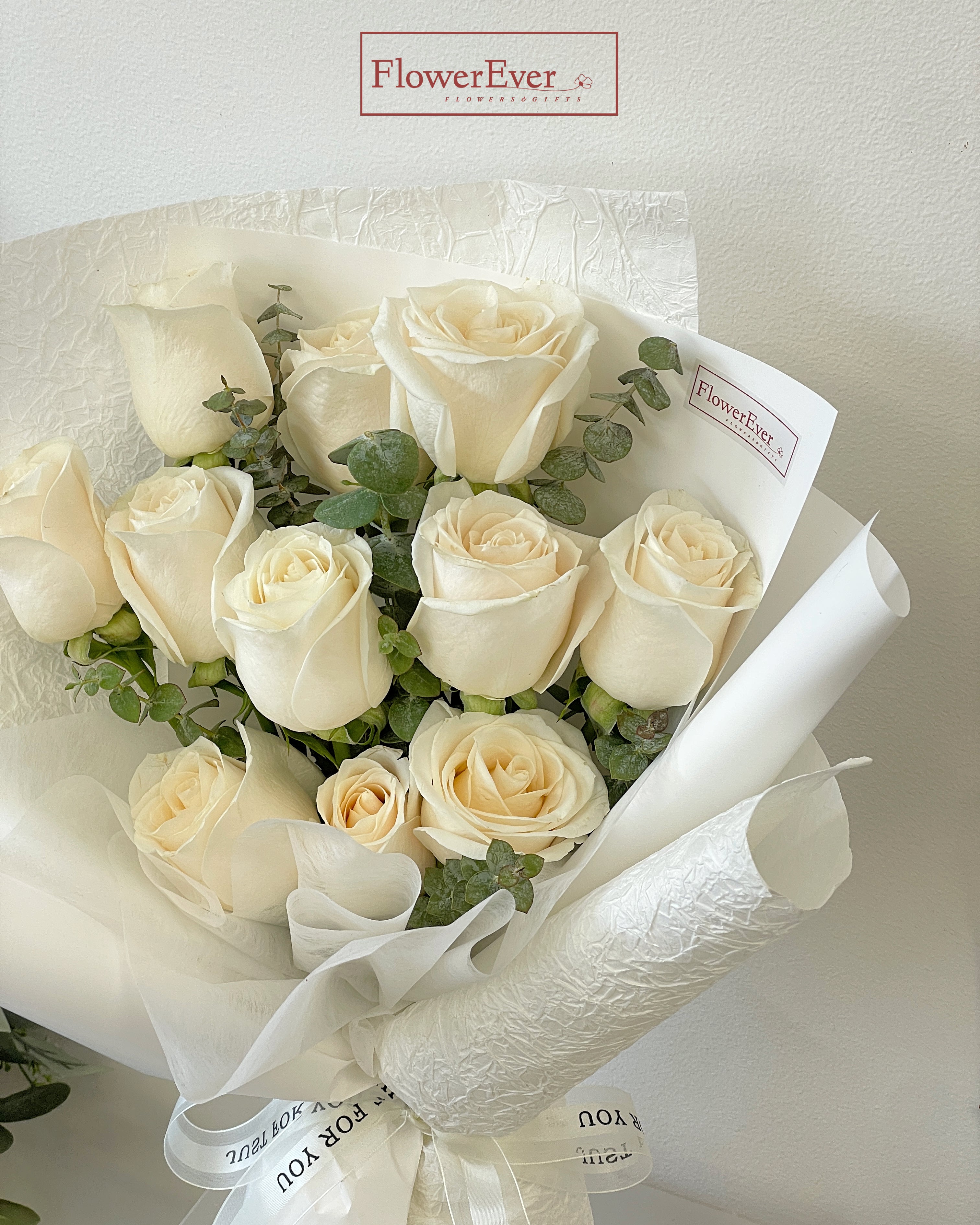 White Rose Bouquet in White Paper w. Eucalyptus
