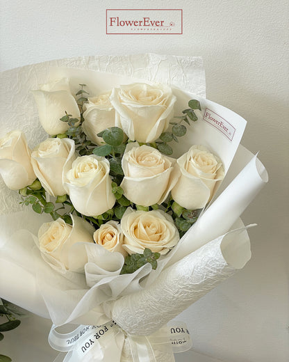 White Rose Bouquet in White Paper w. Eucalyptus