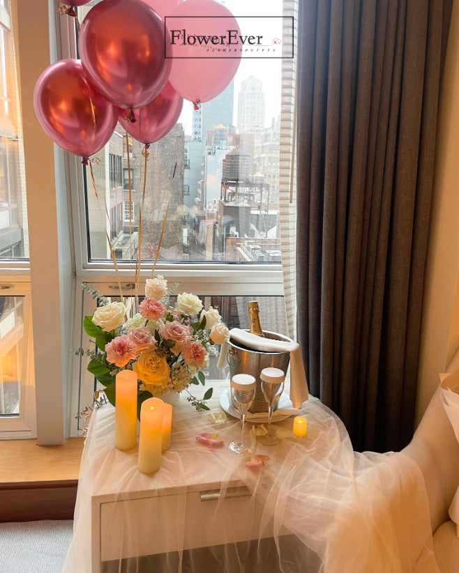 Romantic NYC Proposal Setup: Aisle Flowers and Balloons Included