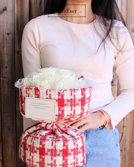 12 White Roses with a Hint of Red, Presented in a Stylish Chanel Russian Bouquet