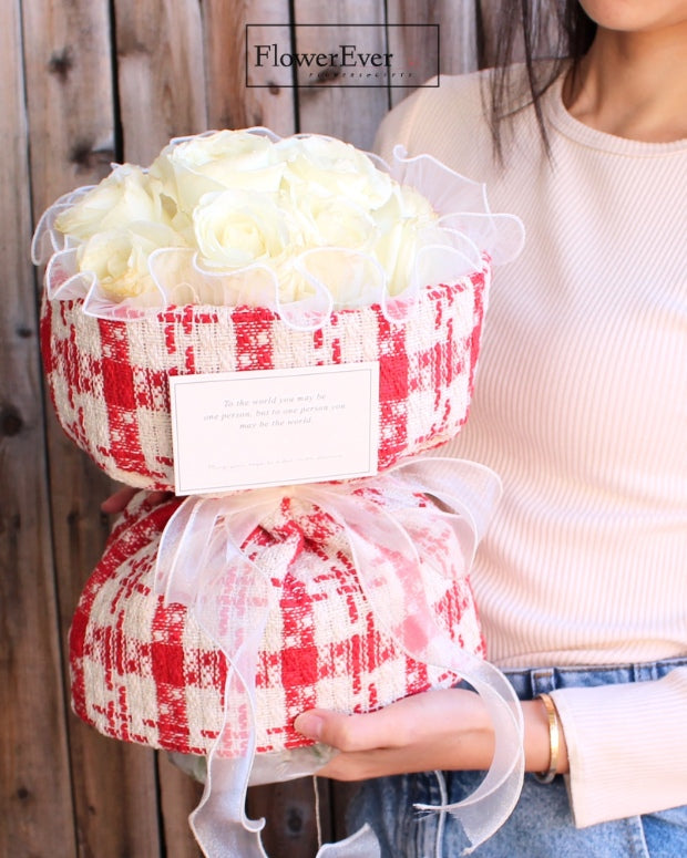 Chic Bouquet of 12 White Roses Accented with Red in a Chanel Russian Style