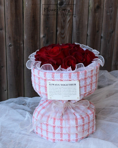 A Touch of Elegance: 12 White and Red Roses in Pink Chanel Russian Bouquet