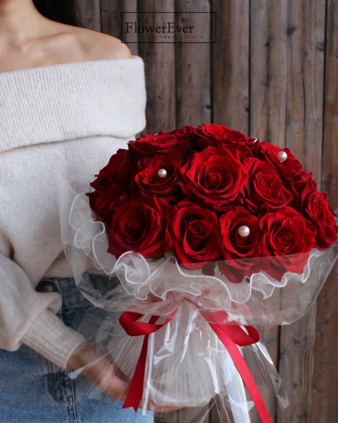 Red Rose Bouquet with 24 Stems, Delicately Wrapped in White Lace &amp; Pearls