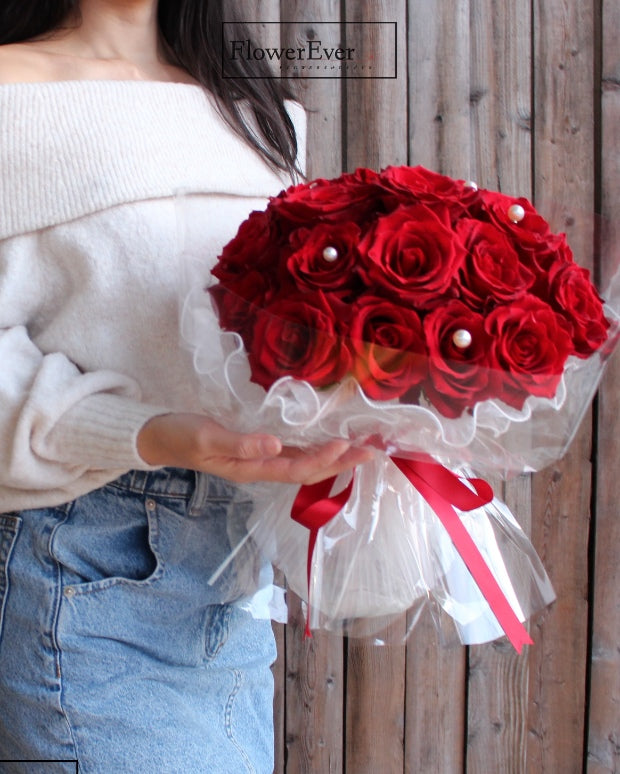 An Exquisite Bouquet: 24 Red Roses Wrapped in White Lace &amp; Pearls