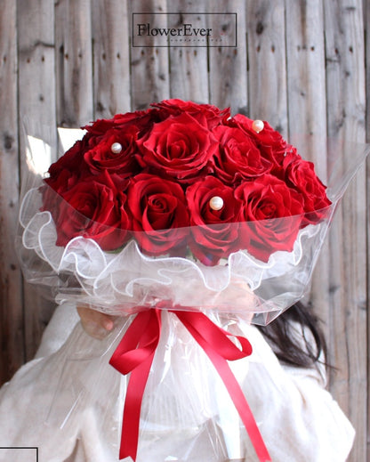 Charming Red Rose Bouquet Enhanced with White Lace &amp; Pearls | 24 Stems