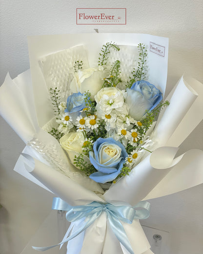ICE Blue Flowers Bouquet with Rose, daisies, and stocks | 6 Stems &amp; 12 Stems