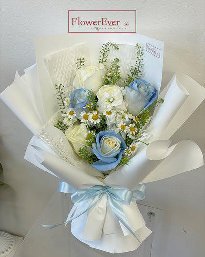 ICE Blue Flowers Bouquet with Rose, daisies, and stocks | 6 Stems &amp; 12 Stems