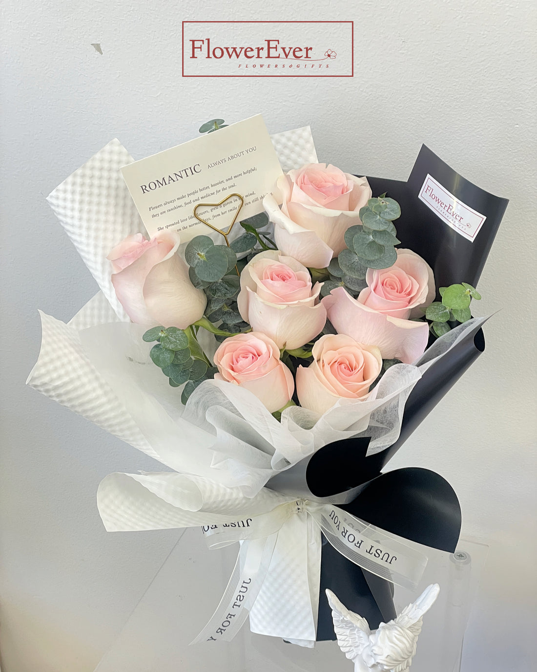 Pink Rose Bouquet in Black & White Floral Paper|6 Stems & 12 Stems