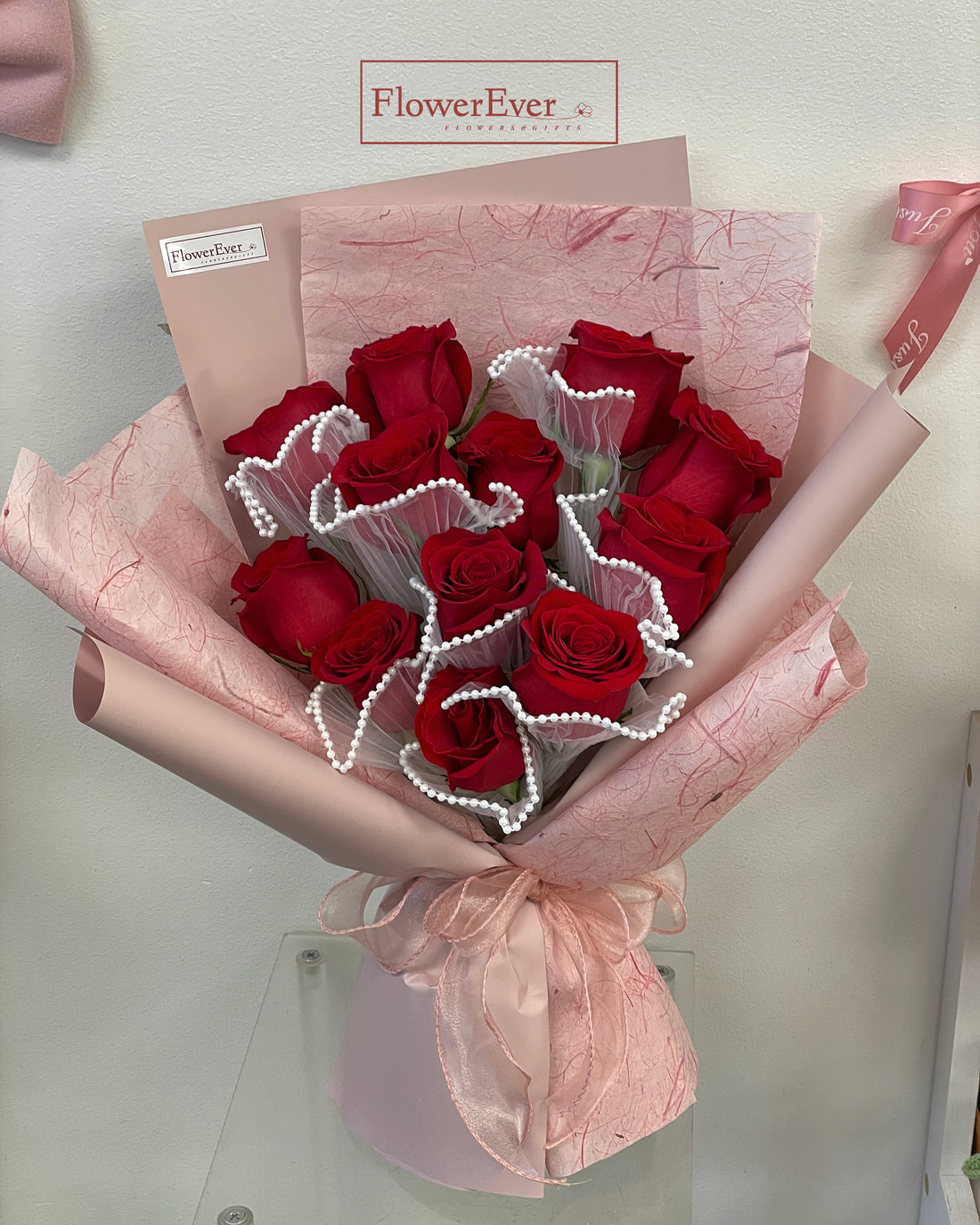 Red Rose Bouquet with Lace Fabric