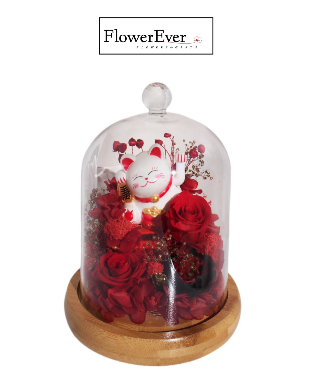 Large Lucky Cat Forever Rose Glass Dome Preserved Real Floral|Grand Opening Gift