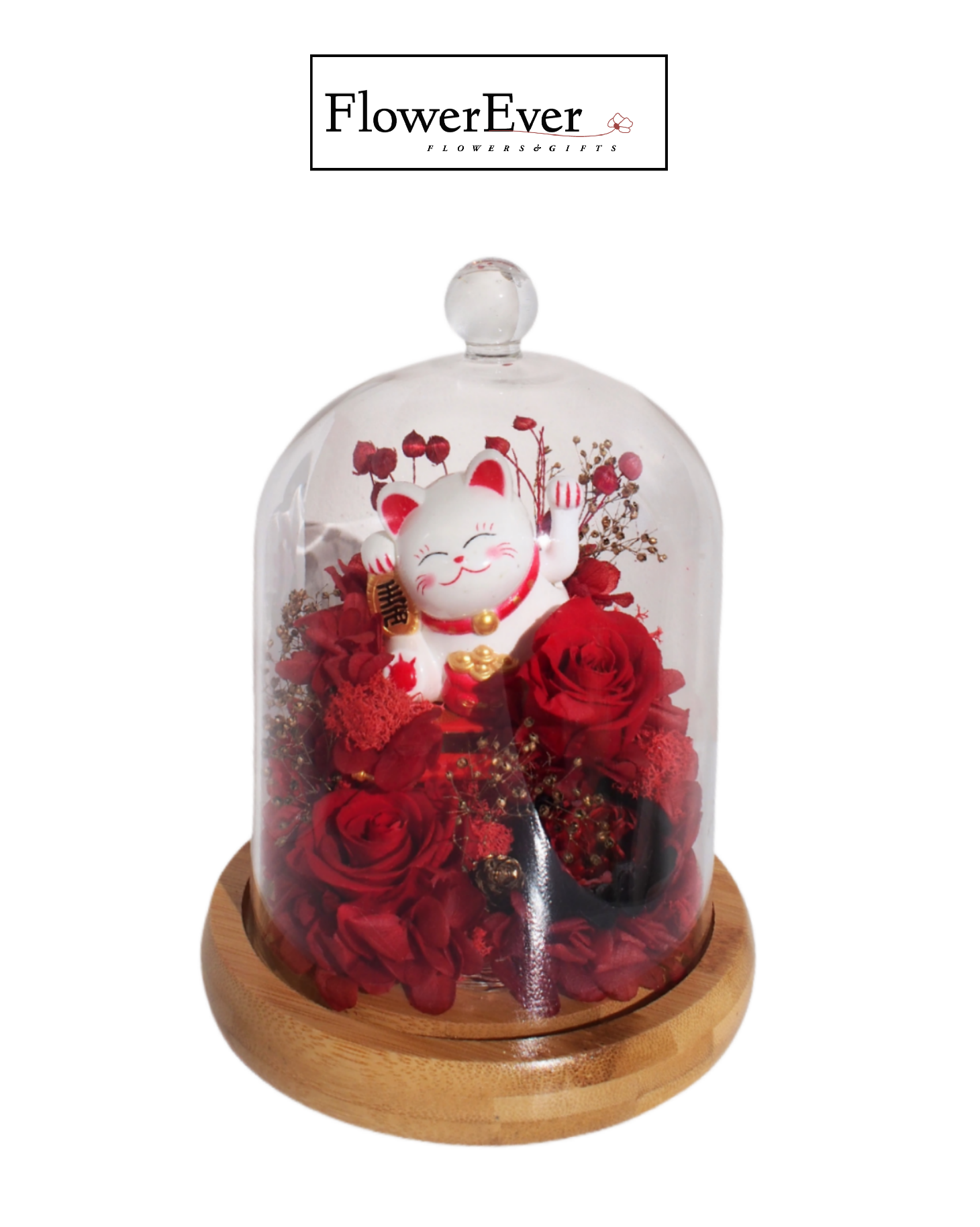 Large Lucky Cat Forever Rose Glass Dome Preserved Real Floral｜Grand Opening Gift