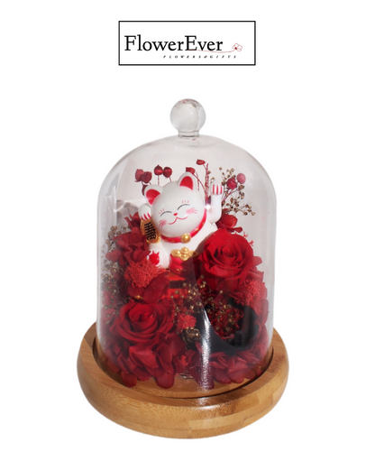 Large Lucky Cat Forever Rose Glass Dome Preserved Real Floral｜Grand Opening Gift