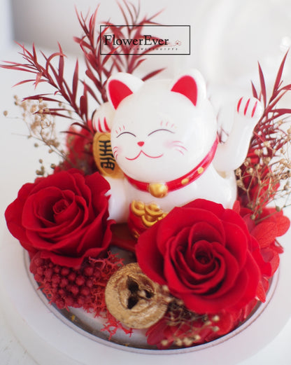 Wish Success with Lucky Cat Forever Rose Glass Dome Floral Gift