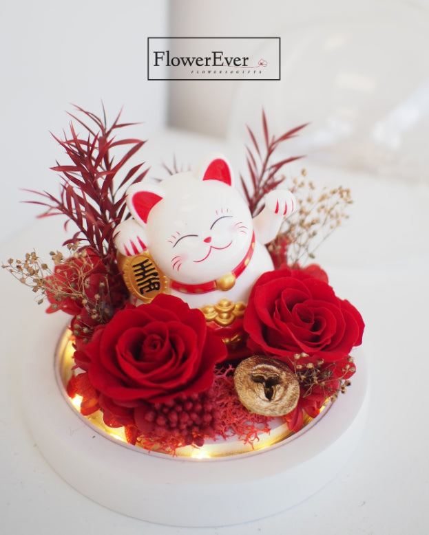 Lucky Cat Forever Rose in Glass Dome | Grand Opening Gift Idea