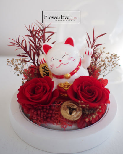 Lucky Cat Forever Rose in Glass Dome | Grand Opening Gift Idea