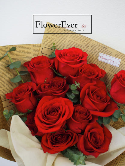 Classic Red Rose Bouquet in Vintage Brown Newspaper