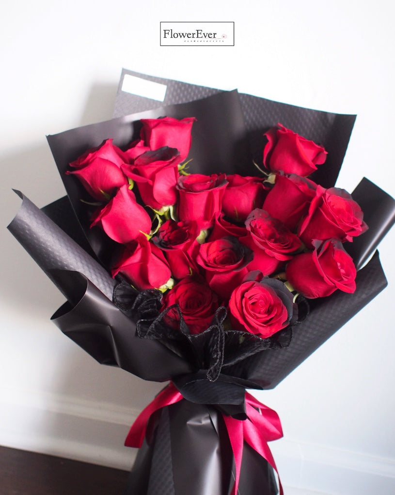 Elegant Midnight Red Rose Bouquet Wrapped in Black Paper (16 Stems)