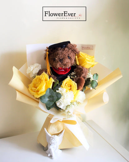 Rose Bouquet for Graduation with Black Teddy Bear｜3 Stem + Carnations