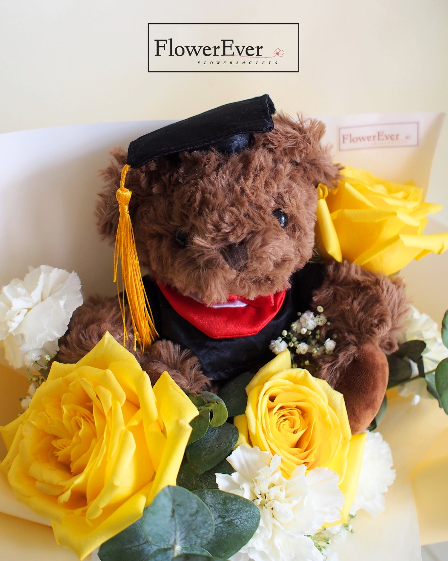 Rose Bouquet for Graduation with Black Teddy Bear｜3 Stem + Carnations