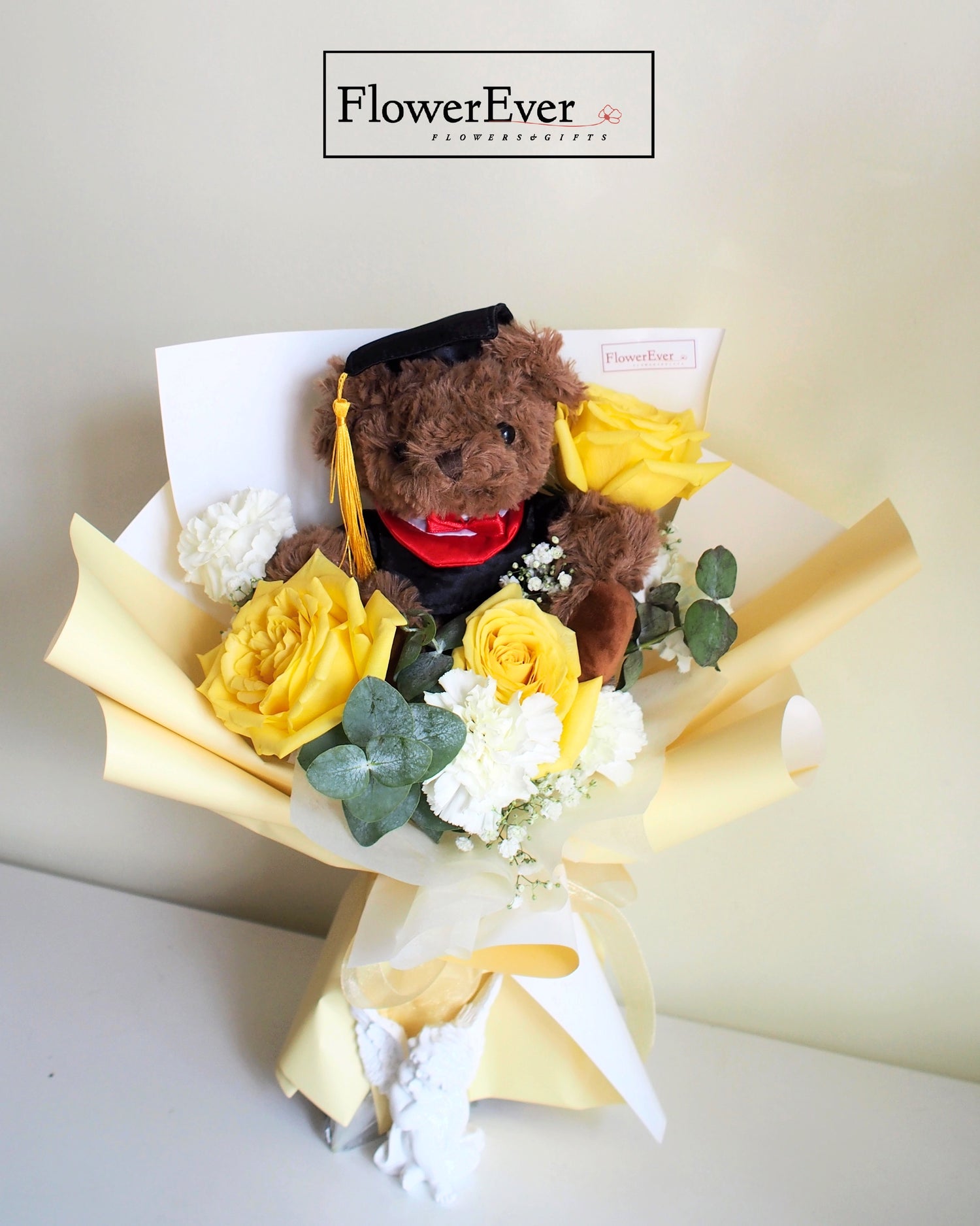 Rose Bouquet for Graduation with Black Teddy Bear｜3 Stem + Carnations