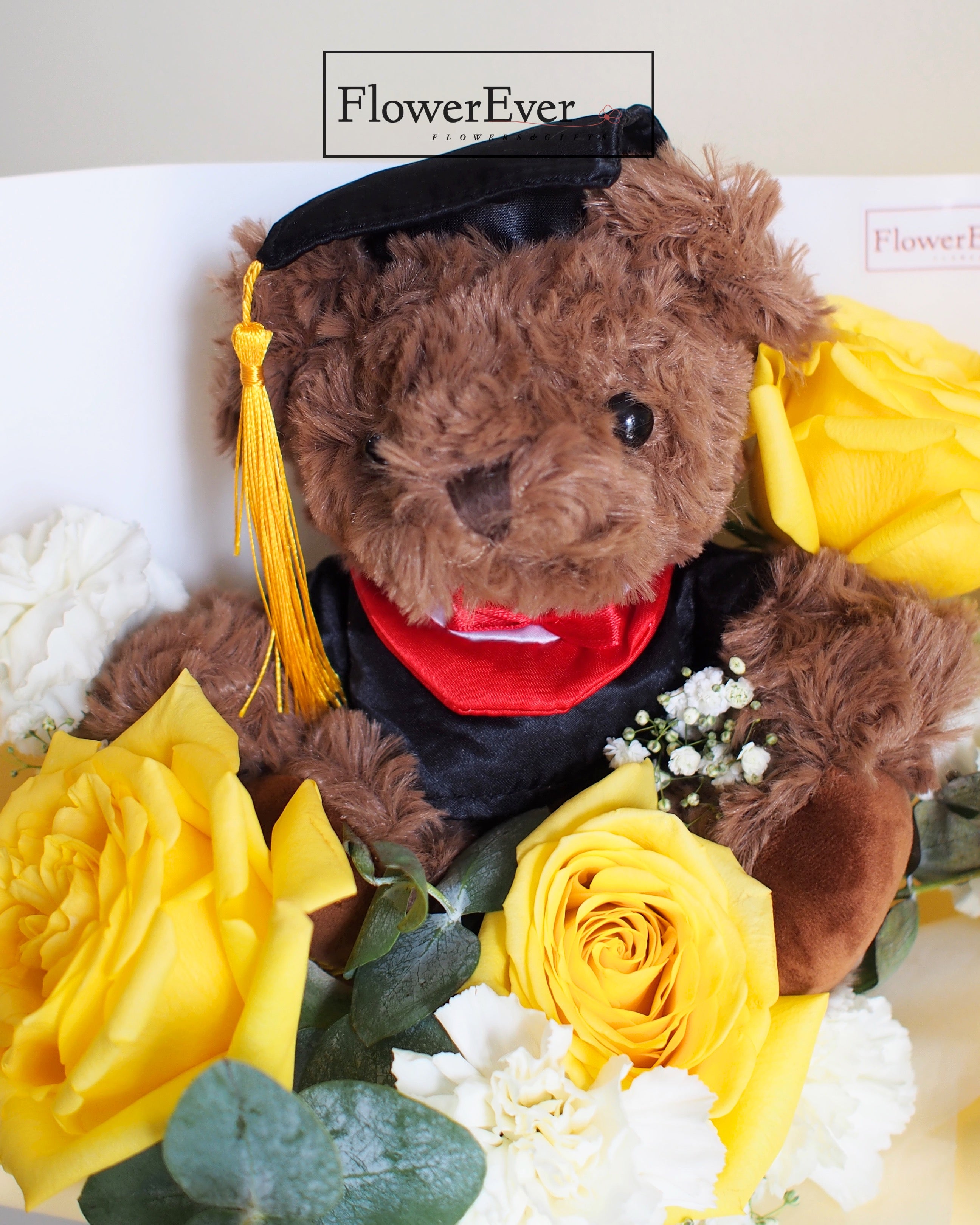 Rose Bouquet for Graduation with Black Teddy Bear｜3 Stem + Carnations