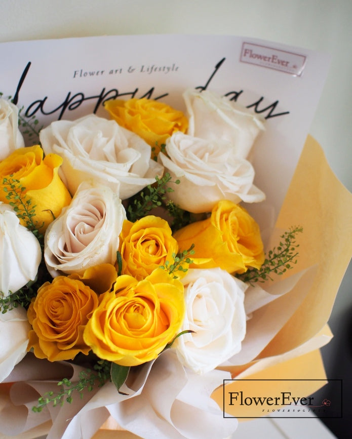 Yellow and White Rose Bouquet Wrapped in Lovely Pastel Yellow Paper | 16 Stems