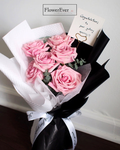 12 Fresh Pink Rose Stems Wrapped in Classy Black &amp; White Packaging