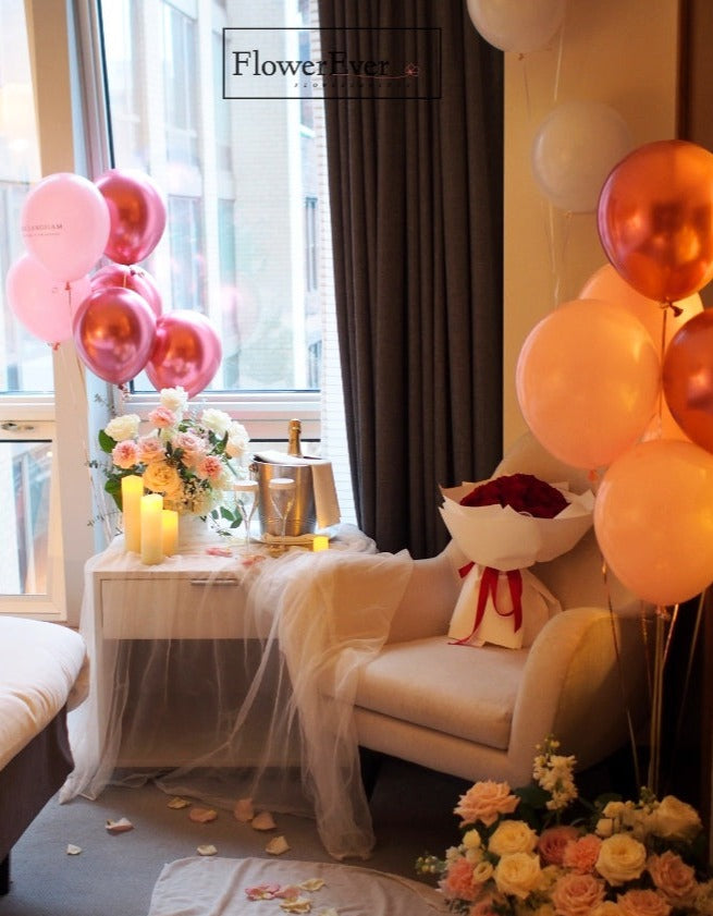 NYC Hotel Room Proposal Decor Package with Aisle Flowers and Balloons