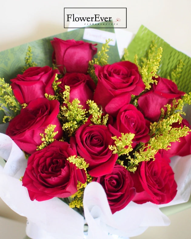 Charming Red Rose Bouquet Presented in Classy Green Paper | 12 Stems