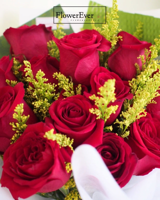 A Captivating Ensemble: 12 Crimson Red Roses in Elegant Green Packaging