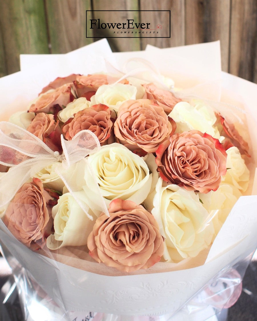 A Russian-style masterpiece: 24 Stems in Deluxe Cappuccino &amp; White Rose Bouquet