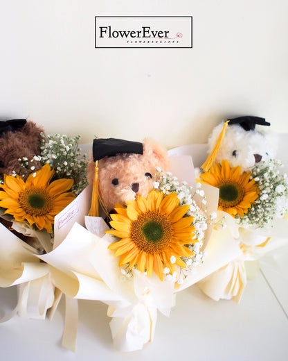 Sunflower Bouquet for Graduation with Beige Teddy Bear｜1 Stem