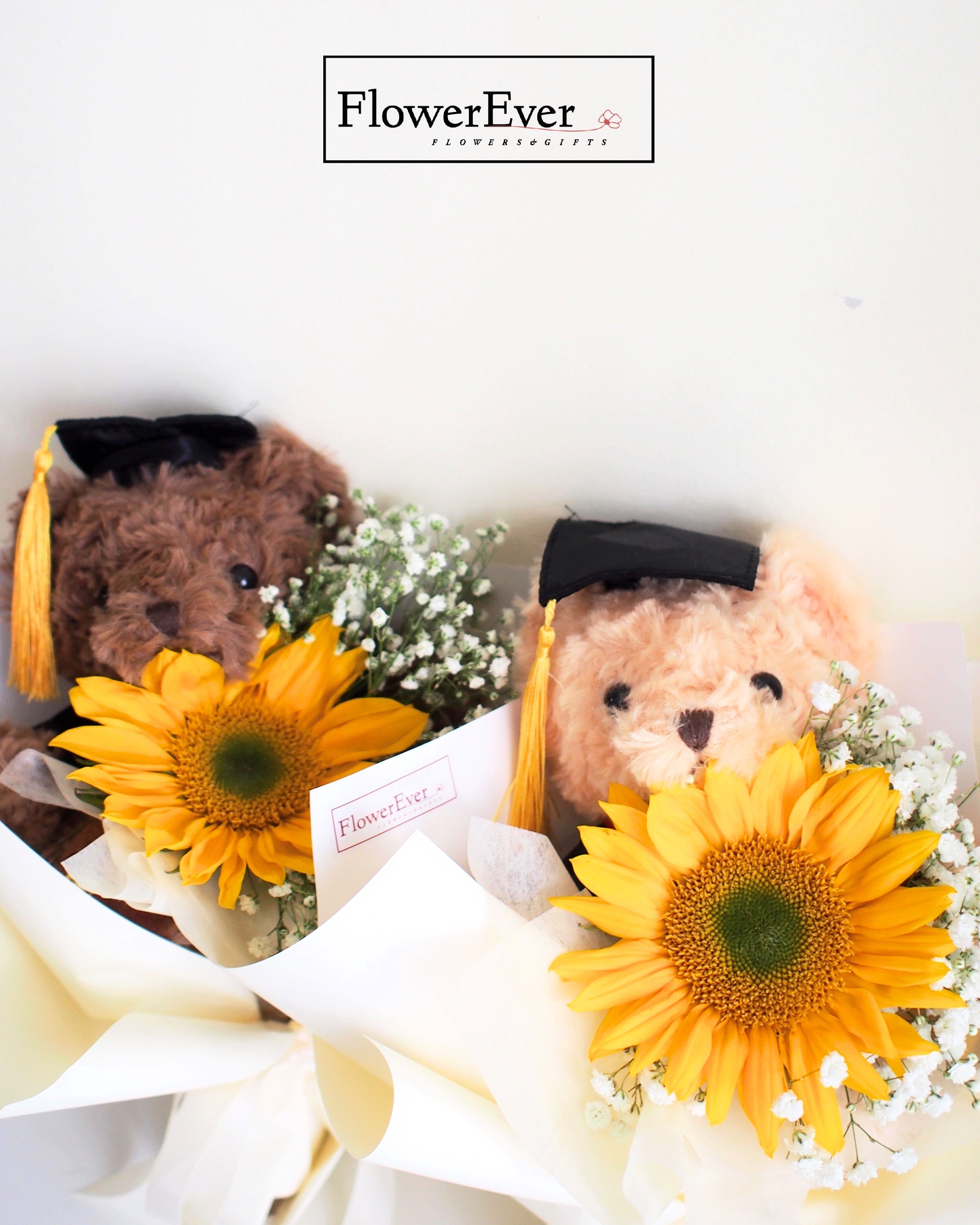 Sunflower Bouquet for Graduation with Beige Teddy Bear｜1 Stem