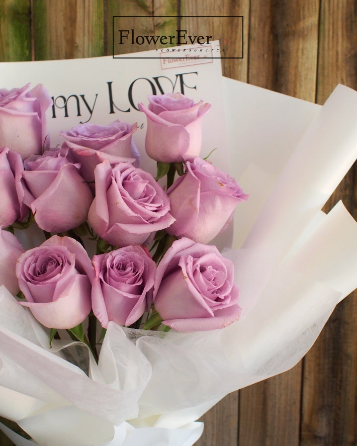 Purple Rose Posy with 12 Delicate Stems in White Floral Paper