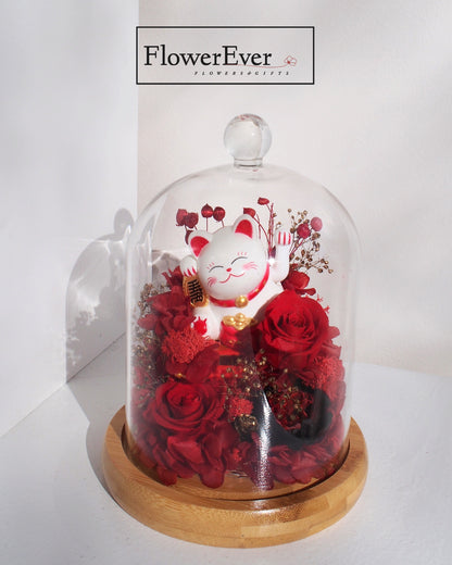 Large Lucky Cat Forever Rose Glass Dome Preserved Real Floral｜Grand Opening Gift