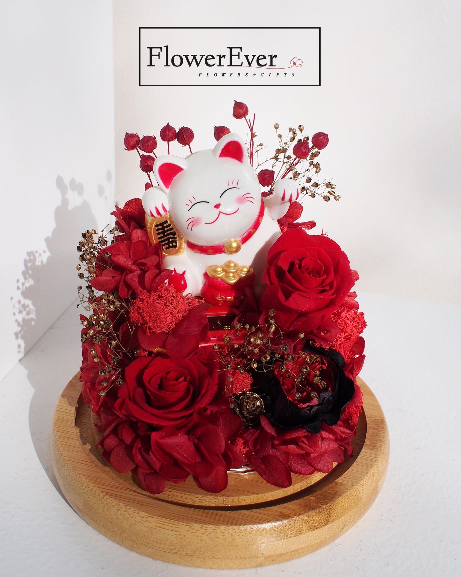 Large Lucky Cat Forever Rose Glass Dome Preserved Real Floral｜Grand Opening Gift