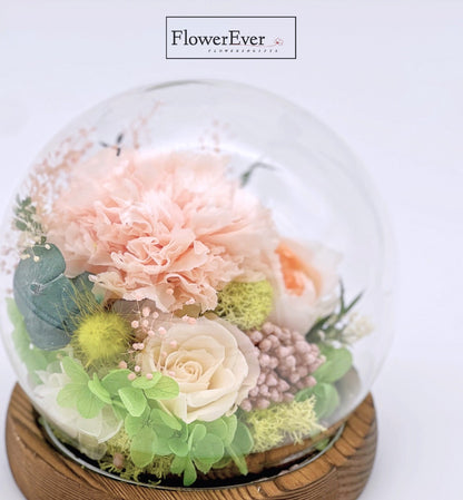 Bright preserved carnations under a clear glass dome