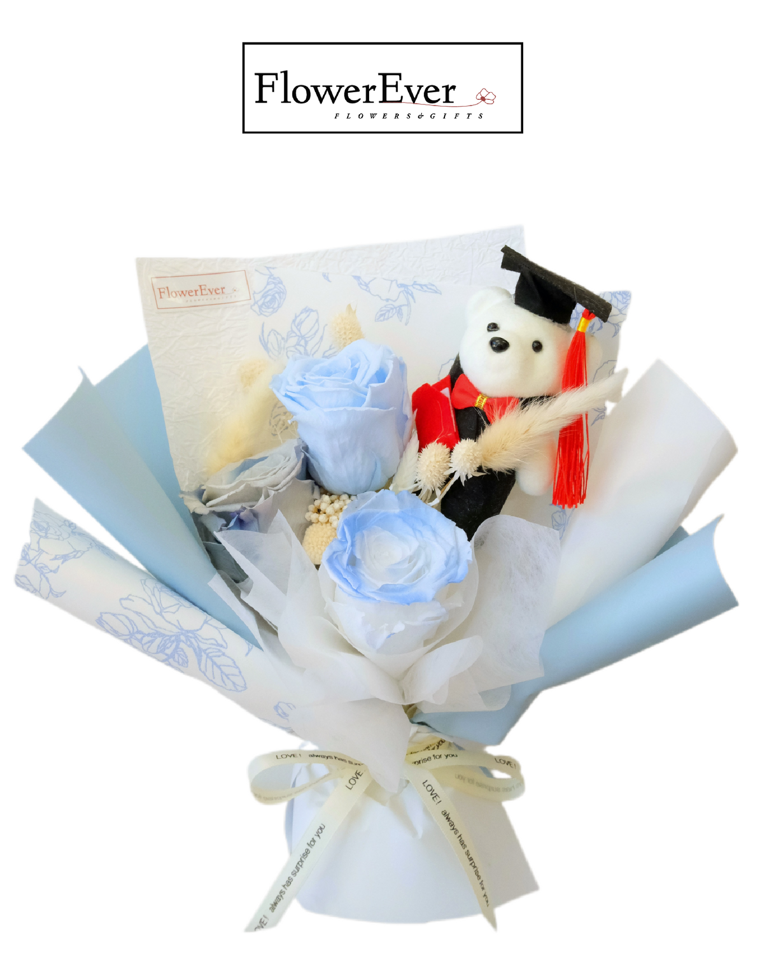 Preserved Real Rose Bouquet for Graduation w. Cute Teddy Bear